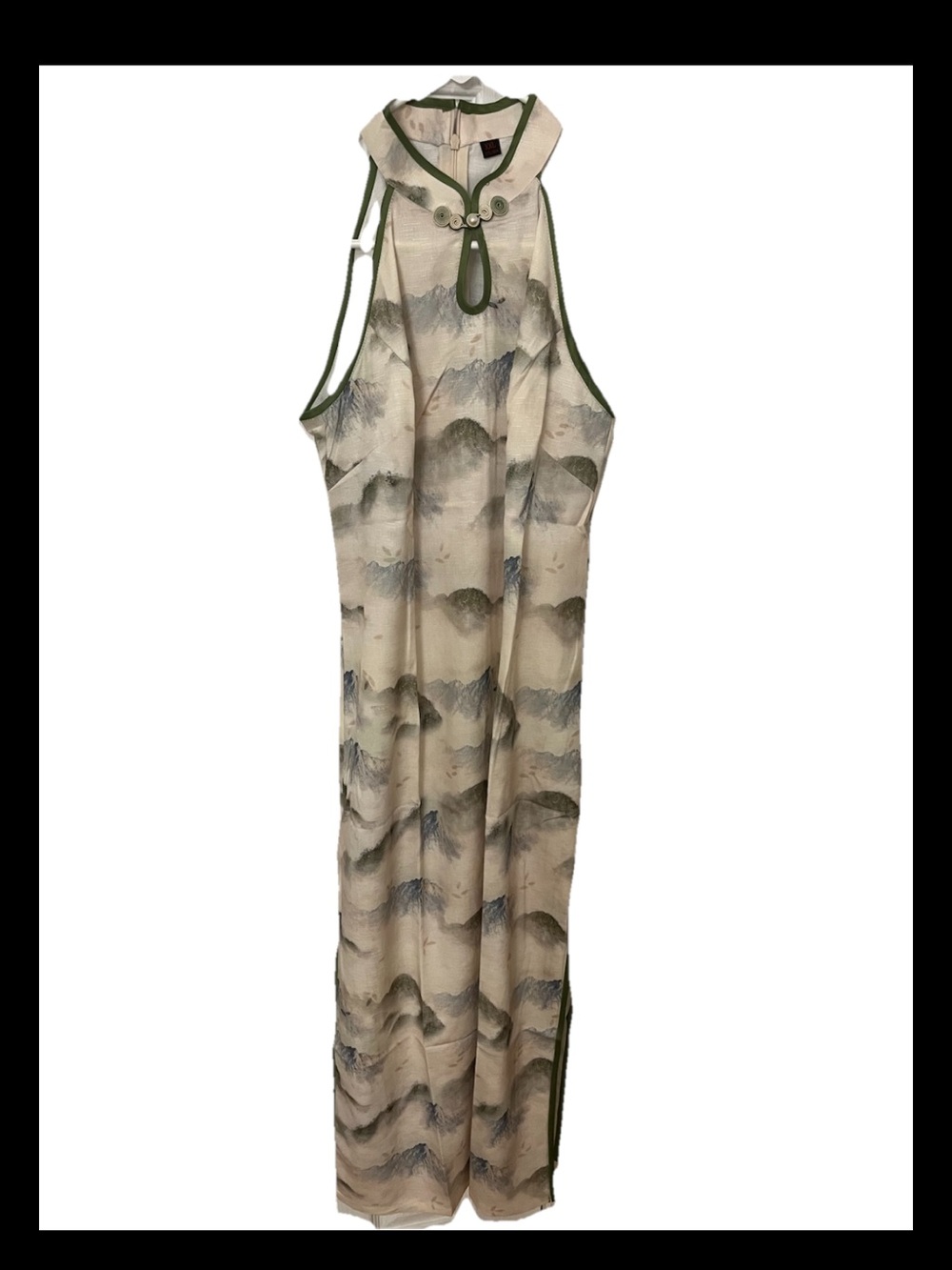 Sleeveless Maxi Dress with Mountain Print - Cream/Green
